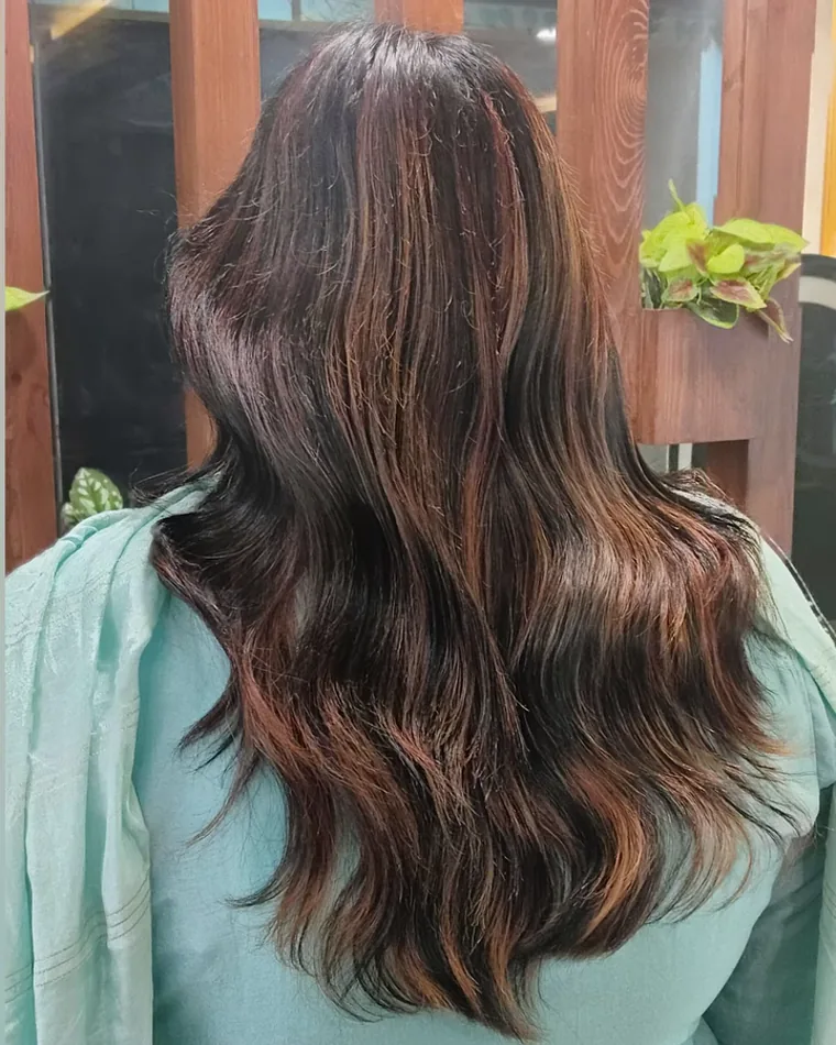 The back of dark brown hair with warm brown sections through it, dried and turned under at the ends.