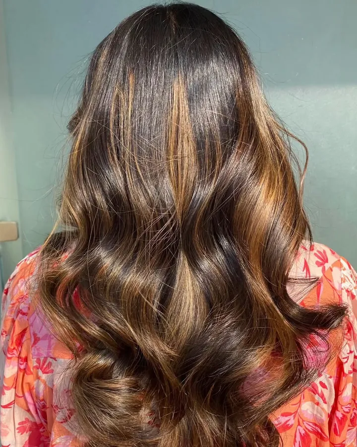 A close back view of long dark hair with caramel balayage through the lengths, against a plain wall.