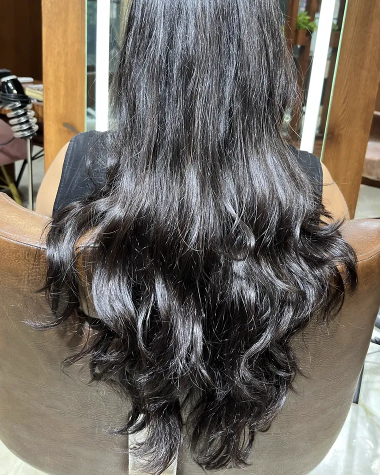 Long dark hair blow-dried into loose waves, seen from behind.