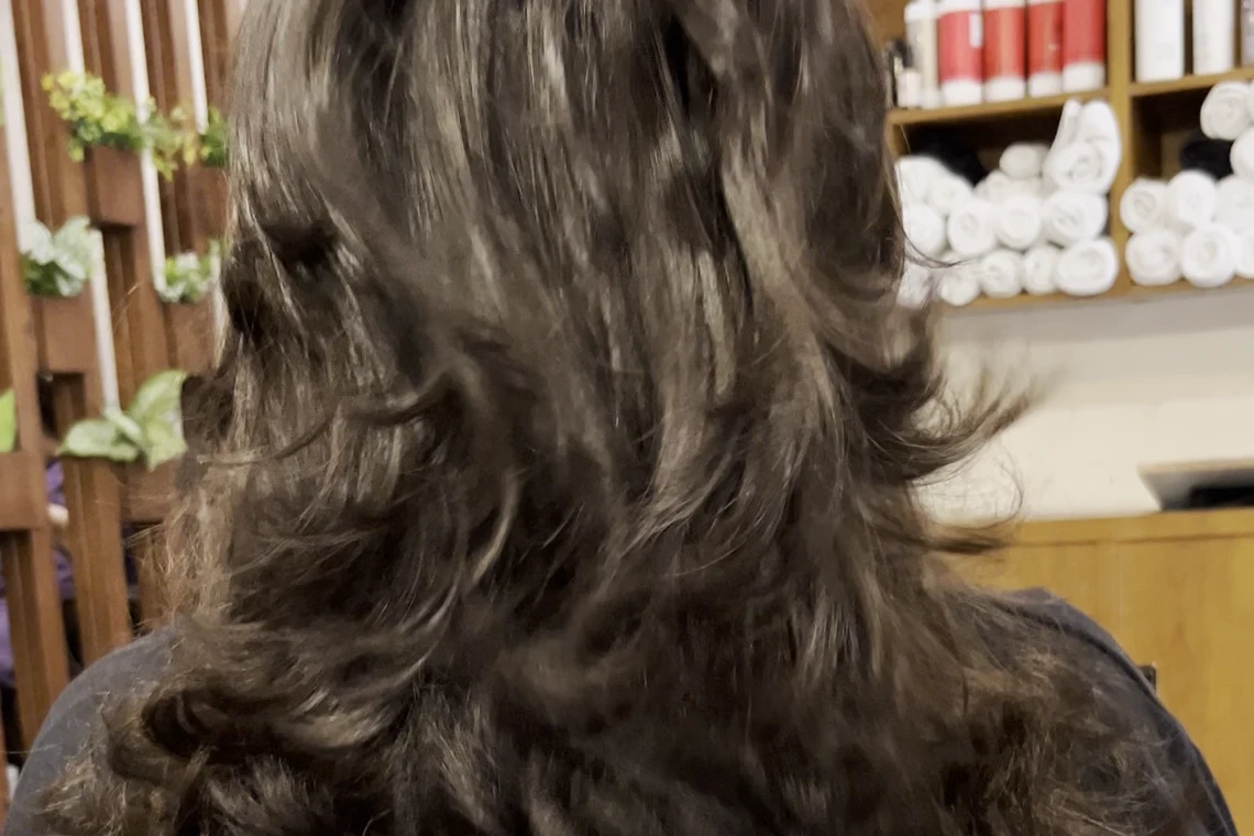 Back view of a long layered cut in the chair, the layers fanned out to show the shape.