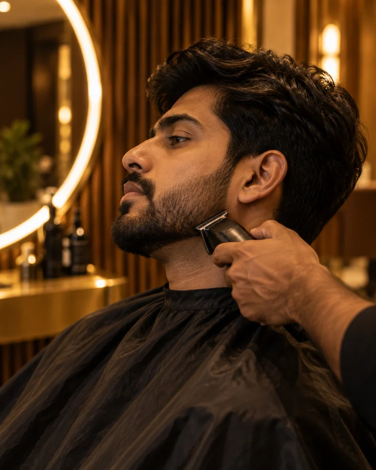 Illustration: a trimmer shaping the beard line along the jaw, in profile.