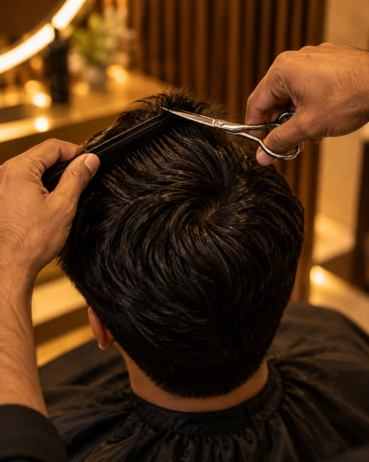 Illustration: scissors and a comb working through short dark hair at the crown, seen from above.