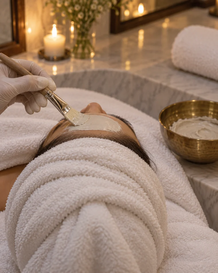 Illustration: a pale clay pack brushed across the forehead, hair wrapped in a white towel, seen from above.