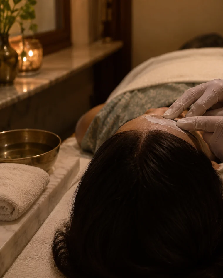 Illustration: a facial seen from behind the head, gloved fingertips on the forehead, a brass bowl beside.