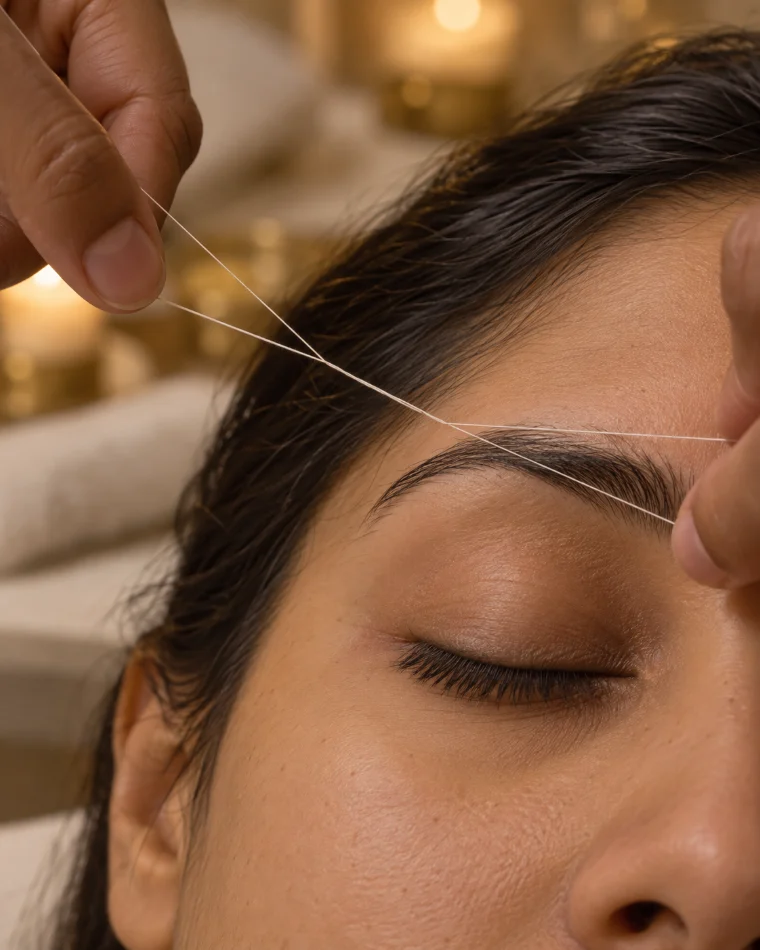 Illustration: a brow being shaped with a taut cotton thread, eye closed, soft warm light.