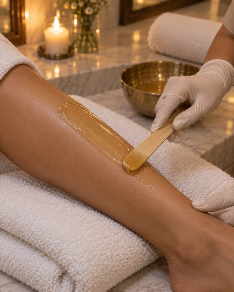 Illustration: warm wax spread on a lower leg with a wooden spatula, a folded white towel beneath.